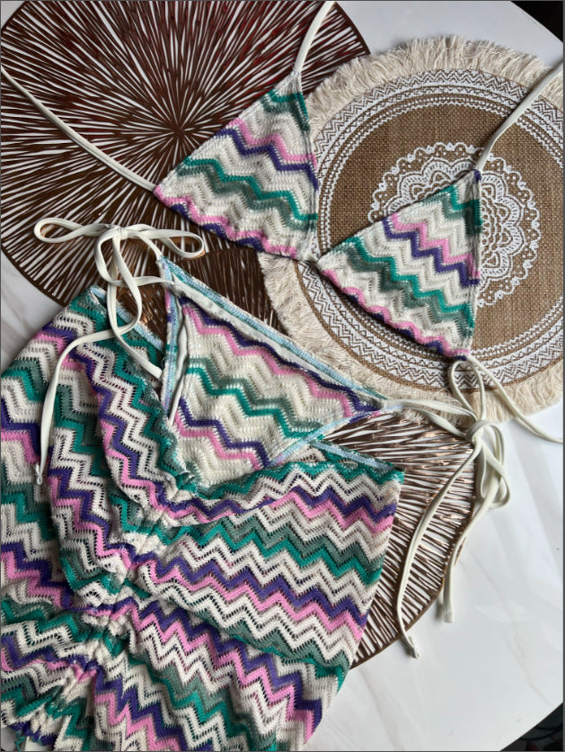 Knitting Bikini Skirt Three-piece Set Bikini Striped Swimsuit Bikini Women Swimw