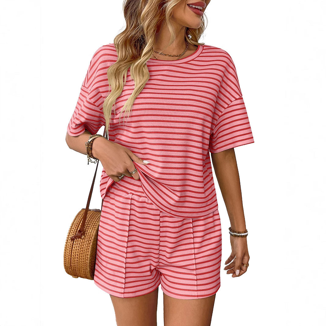 Women's Knitted Striped Fashion Casual Shorts Sports Suit