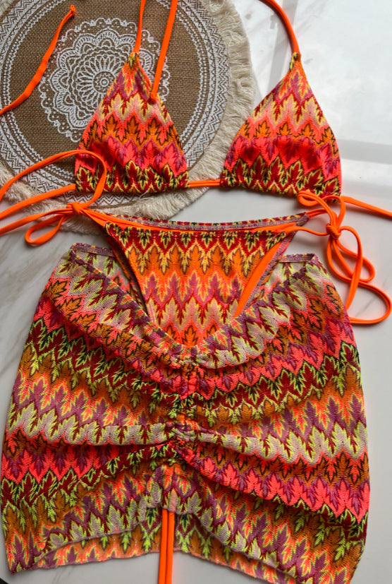 Knitting Bikini Skirt Three-piece Set Bikini Striped Swimsuit Bikini Women Swimw