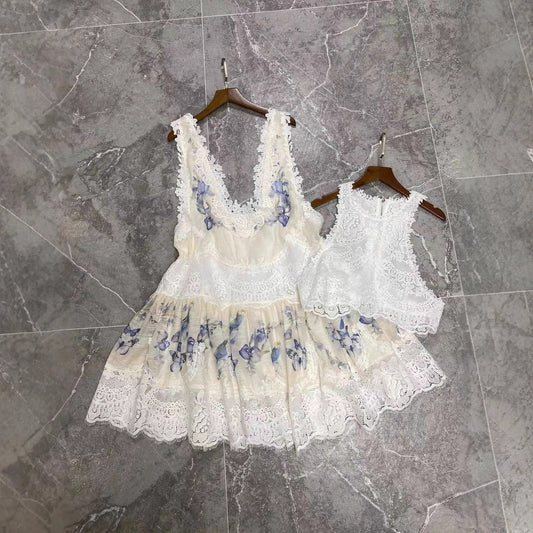 Women's Fashion Lace Stitching Dress Vest Suit