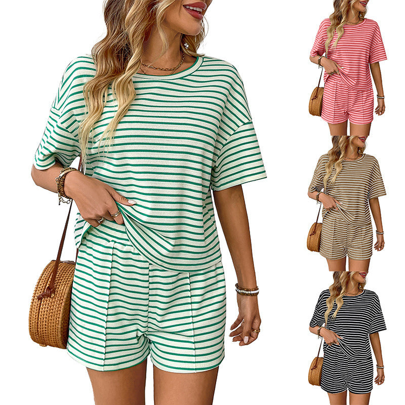 Women's Knitted Striped Fashion Casual Shorts Sports Suit