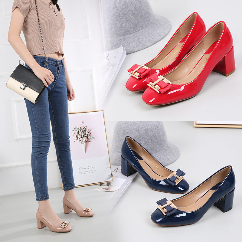 Mid Heel Round Head Chunky Heel High Heel Patent Leather Women's Shoes