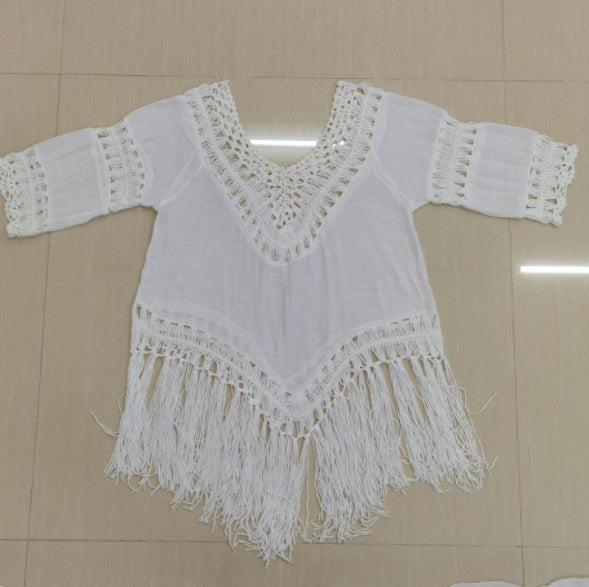Hand Crochet Flower Stitching Fringed Beach Blouse Hollow Fashion Loose Holiday Sun Protection Clothing