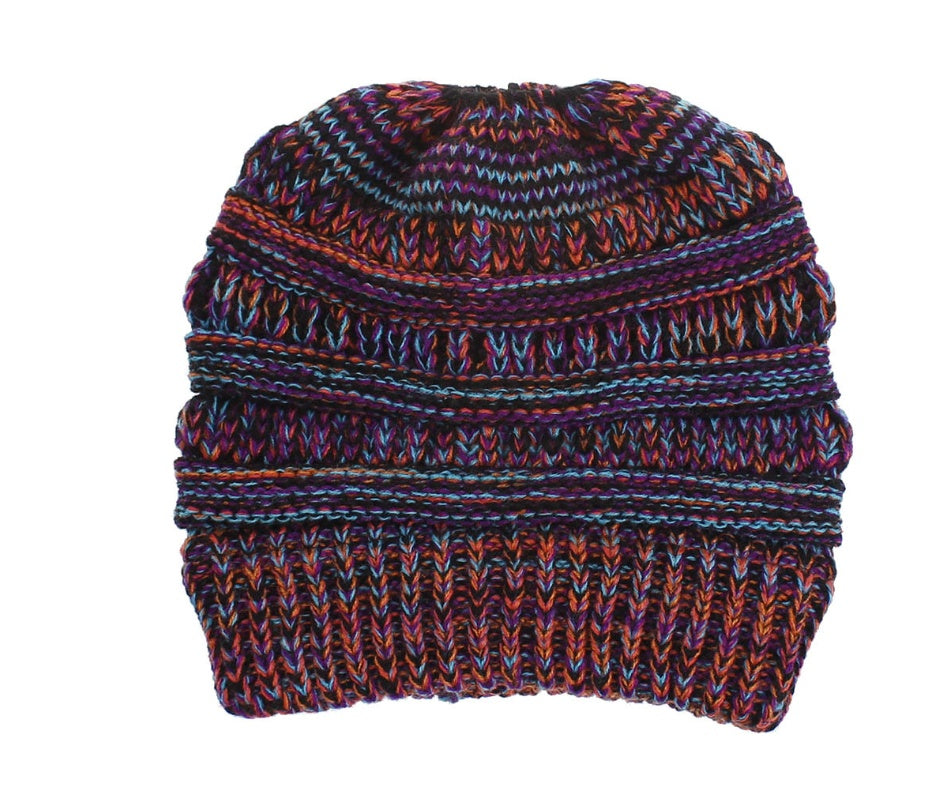 Women's Mixed Color Knitted Wool Hat with Ponytail Opening