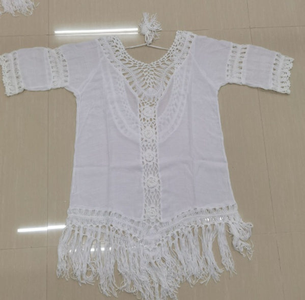 Hand Crochet Flower Stitching Fringed Beach Blouse Hollow Fashion Loose Holiday Sun Protection Clothing