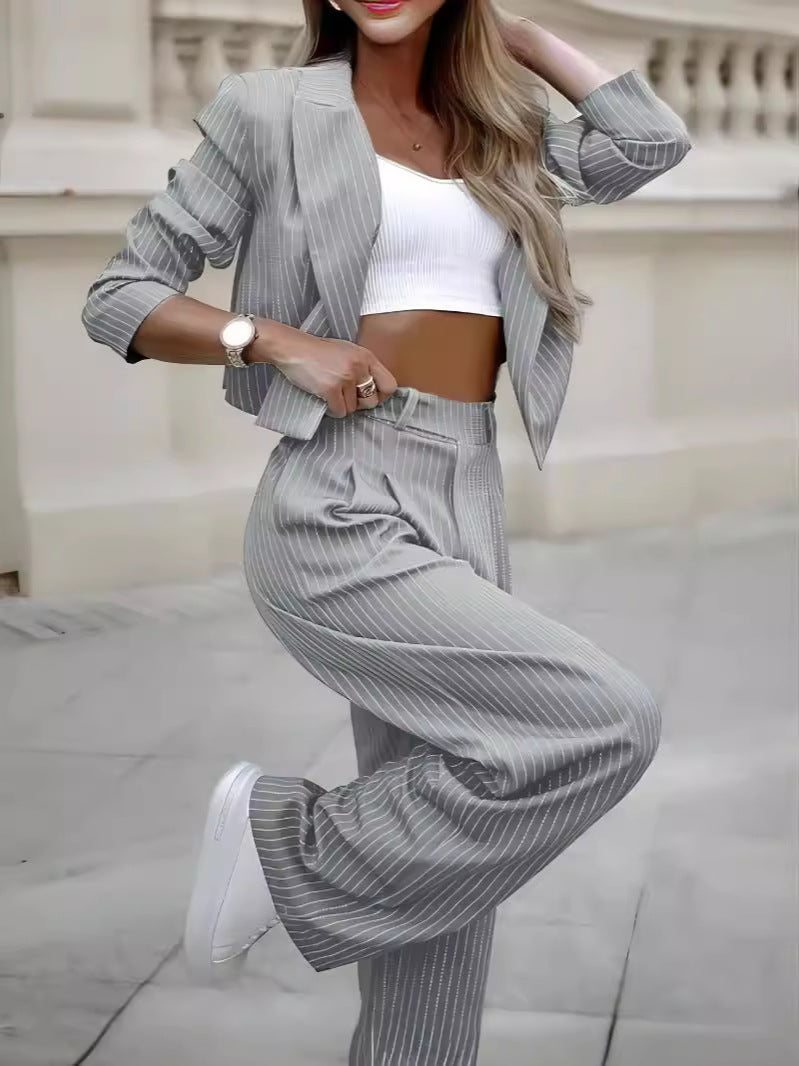 Women's Spring Striped Suit Set - Cropped Top & Straight Pants