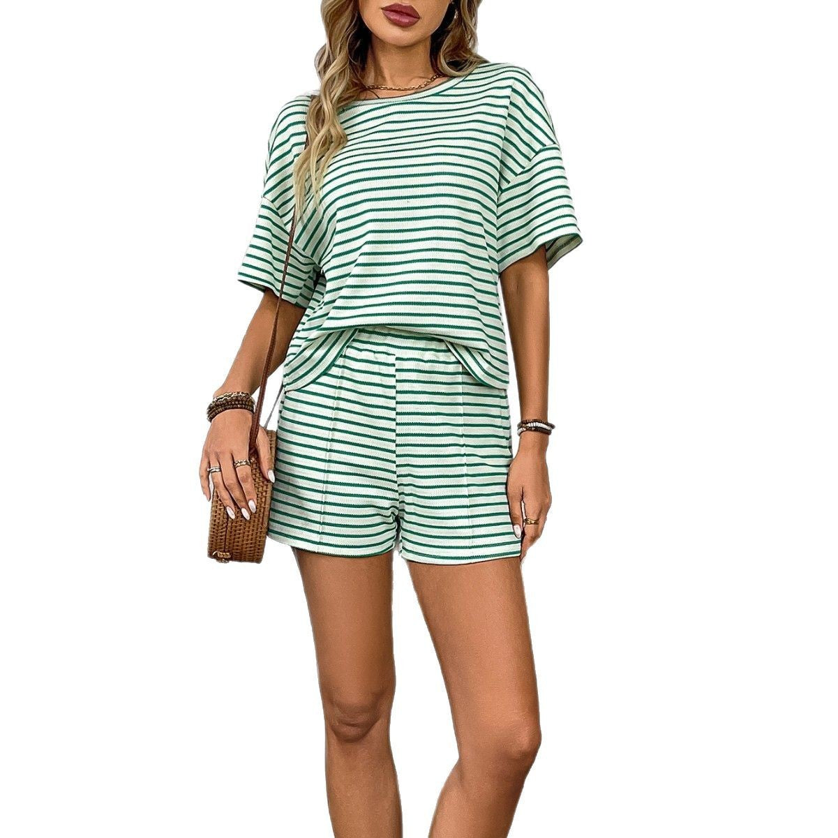 Women's Knitted Striped Fashion Casual Shorts Sports Suit