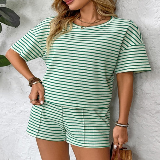 Women's Knitted Striped Fashion Casual Shorts Sports Suit