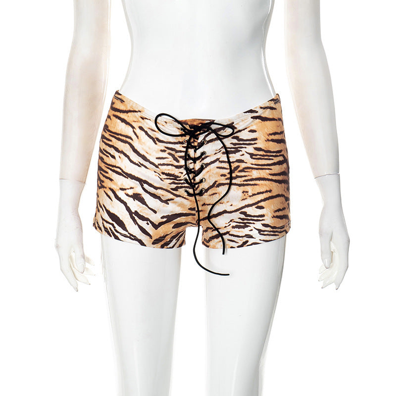 Women's Sexy American Hot Girl Tiger Stripe Pattern Rope Shorts
