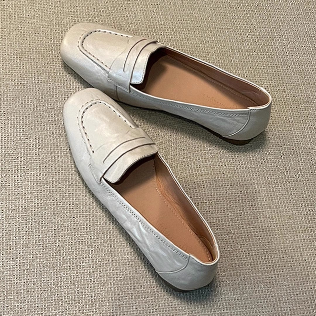 Women's Flat All-match Square Toe French Leather Shoes