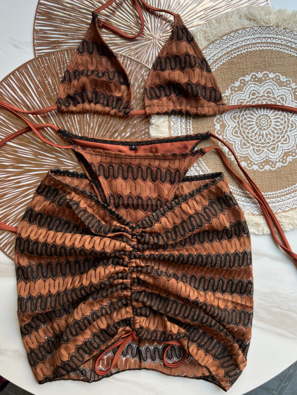 Knitting Bikini Skirt Three-piece Set Bikini Striped Swimsuit Bikini Women Swimw