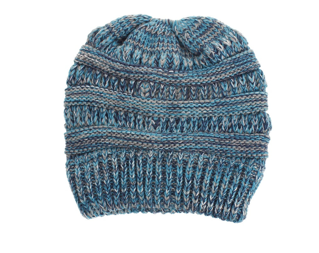 Women's Mixed Color Knitted Wool Hat with Ponytail Opening