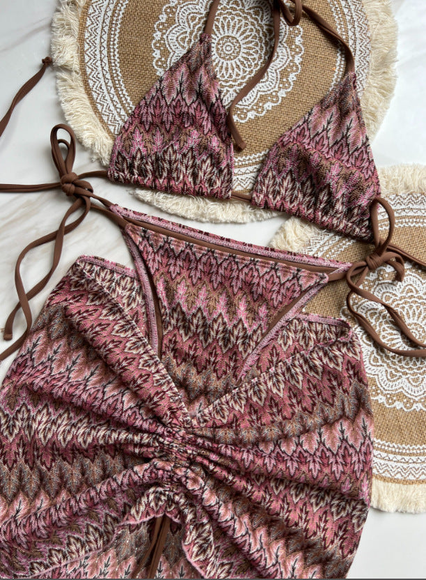 Knitting Bikini Skirt Three-piece Set Bikini Striped Swimsuit Bikini Women Swimw