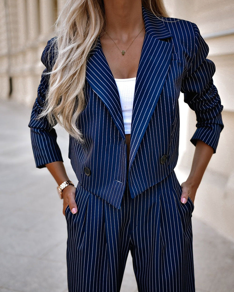 Women's Spring Striped Suit Set - Cropped Top & Straight Pants