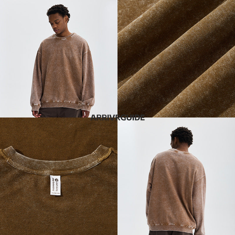 Men's Cotton Washed Round Neck Long Sleeve Sweater