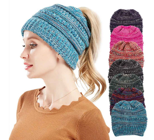 Women's Mixed Color Knitted Wool Hat with Ponytail Opening