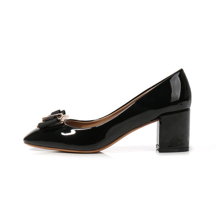 Mid Heel Round Head Chunky Heel High Heel Patent Leather Women's Shoes