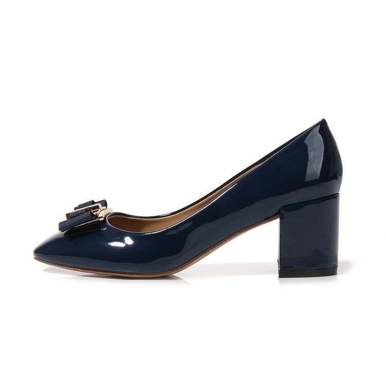 Mid Heel Round Head Chunky Heel High Heel Patent Leather Women's Shoes