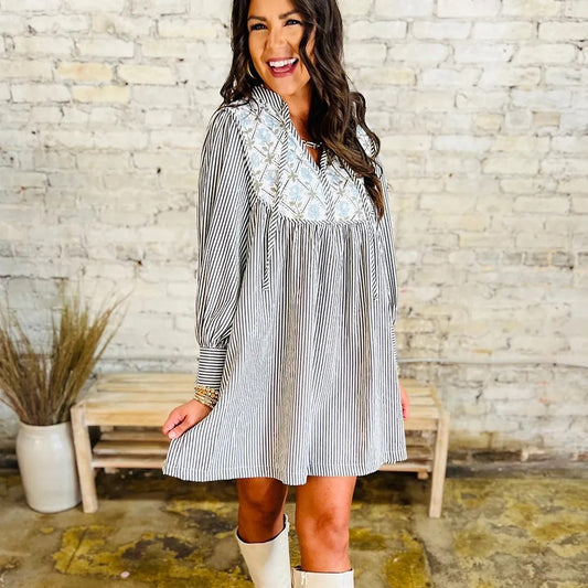 Black Stripe Floral Patchwork Tied V Neck Long Sleeve Mini Dress