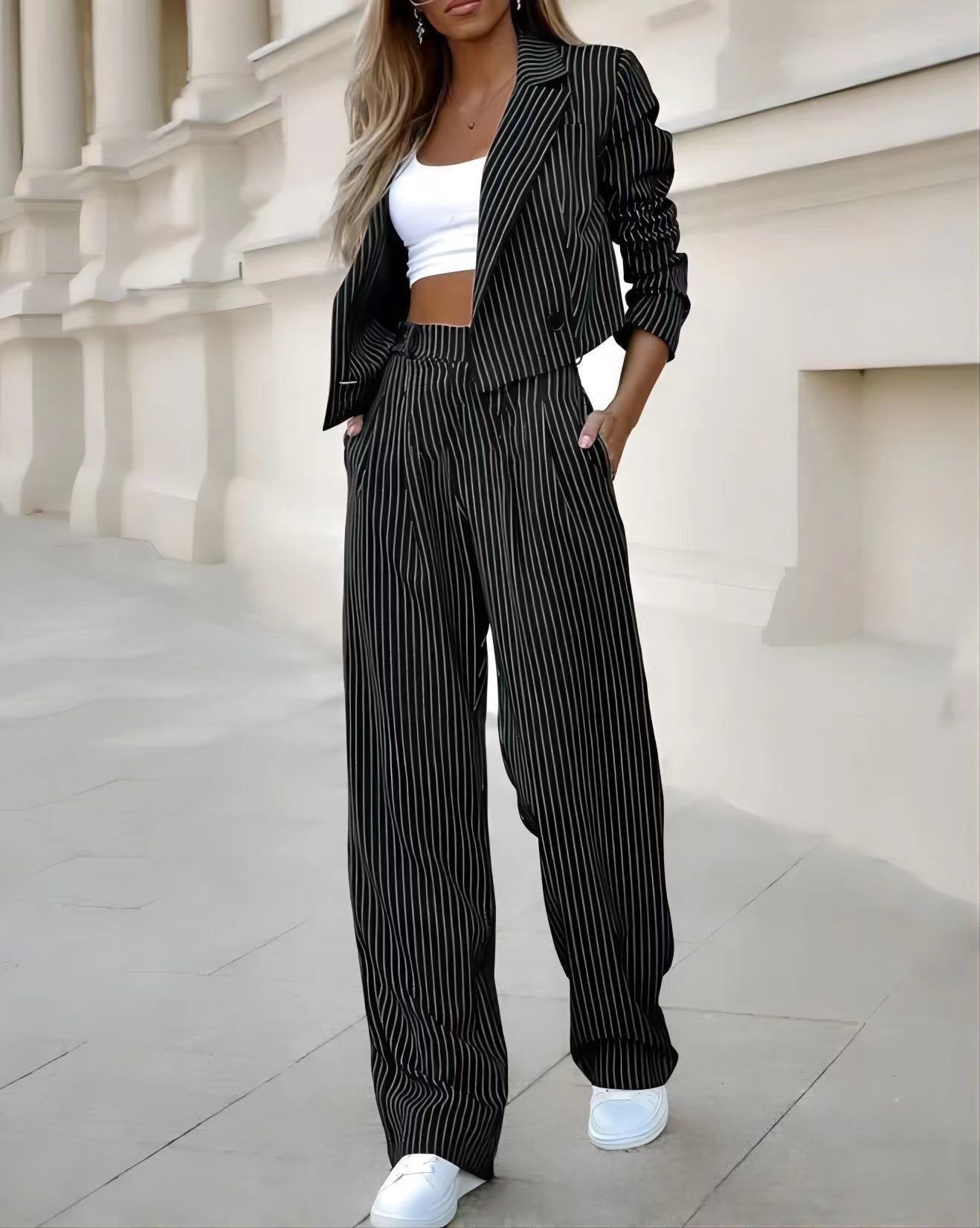 Women's Spring Striped Suit Set - Cropped Top & Straight Pants