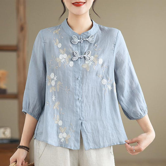 Women's Embroidered Cotton Linen Top with Chinese Button Details