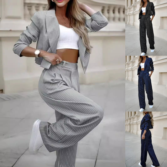 Women's Spring Striped Suit Set - Cropped Top & Straight Pants