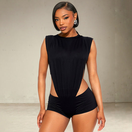 Women's Sleeveless Two-piece Hollow Siamese Top And Tight Shorts
