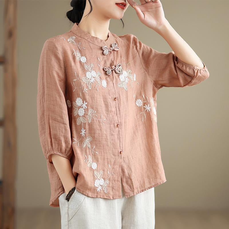 Women's Embroidered Cotton Linen Top with Chinese Button Details