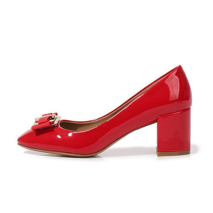 Mid Heel Round Head Chunky Heel High Heel Patent Leather Women's Shoes