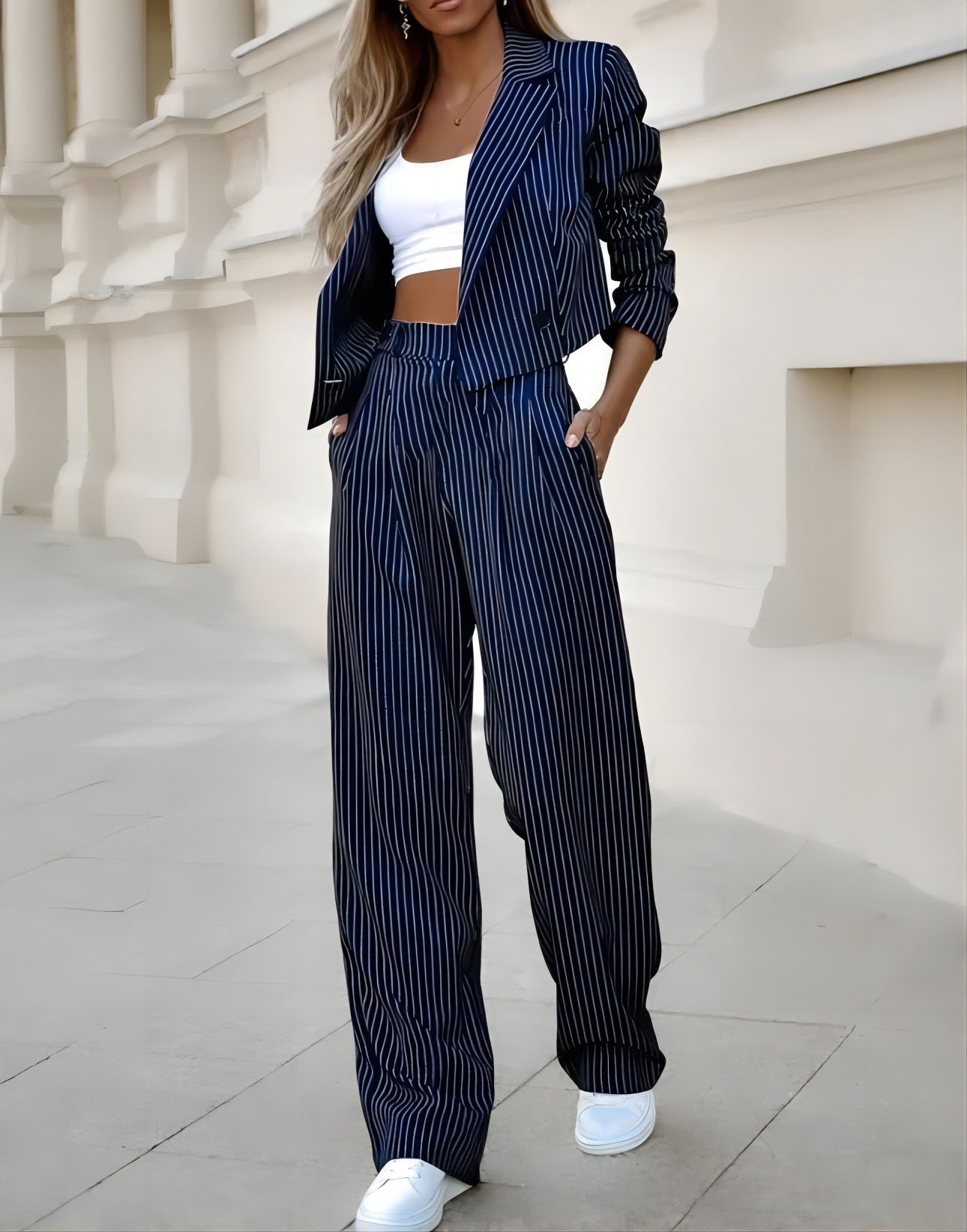 Women's Spring Striped Suit Set - Cropped Top & Straight Pants