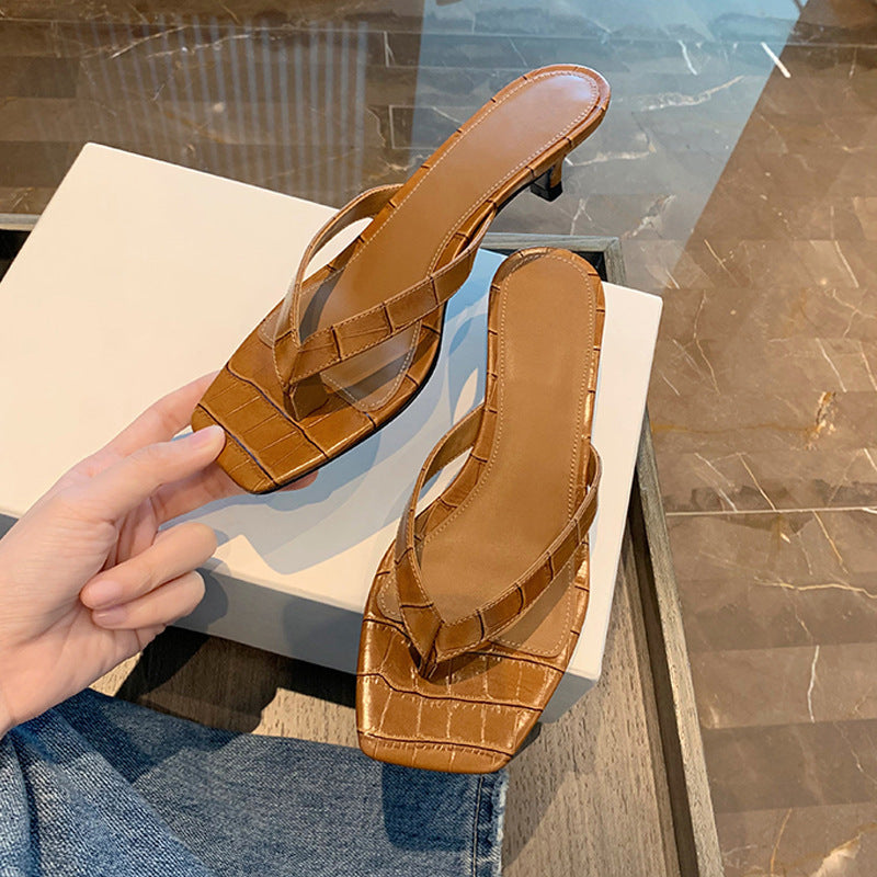 Women's Square Toe Leather Flip-flops