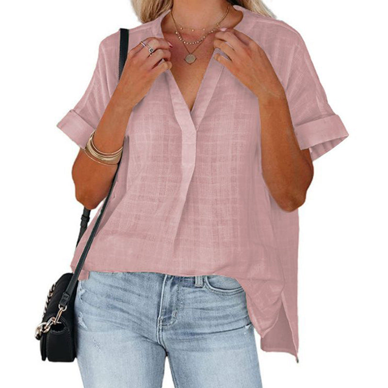 Women's Short Sleeve Thin V-neck Pullover Loose Shirt