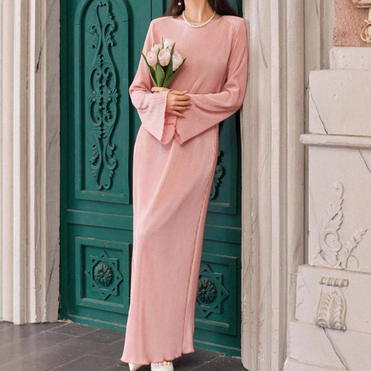 Casual Solid Color Long-sleeve Round-collar Dress