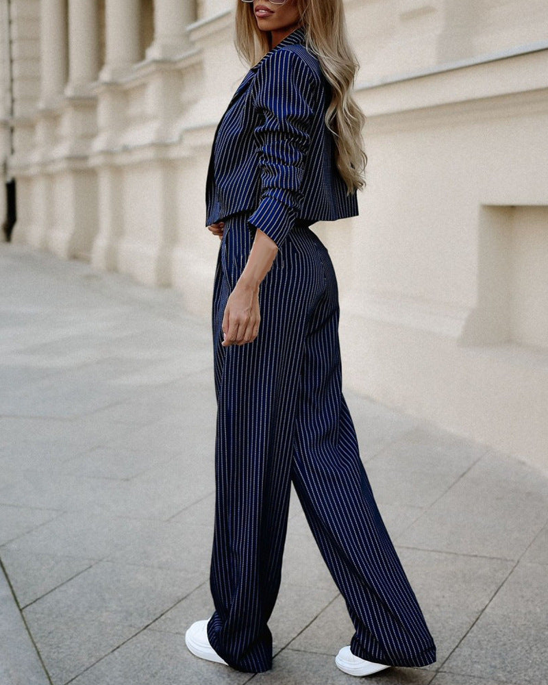 Women's Spring Striped Suit Set - Cropped Top & Straight Pants