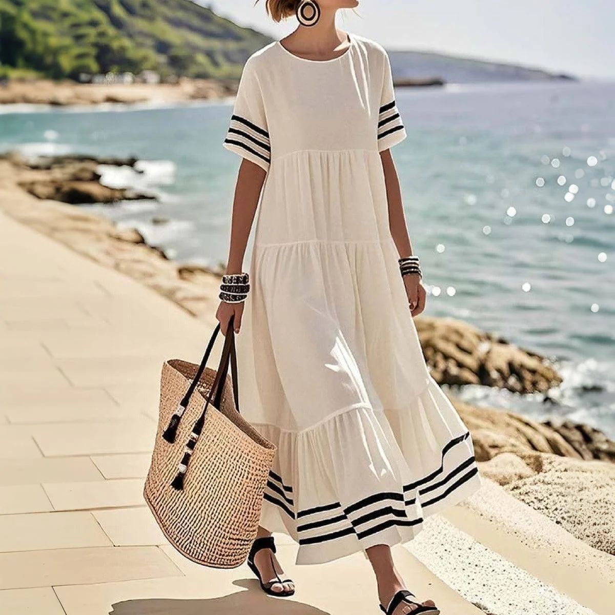 Women's Striped Temperament Leisure Round Neck Loose Dress
