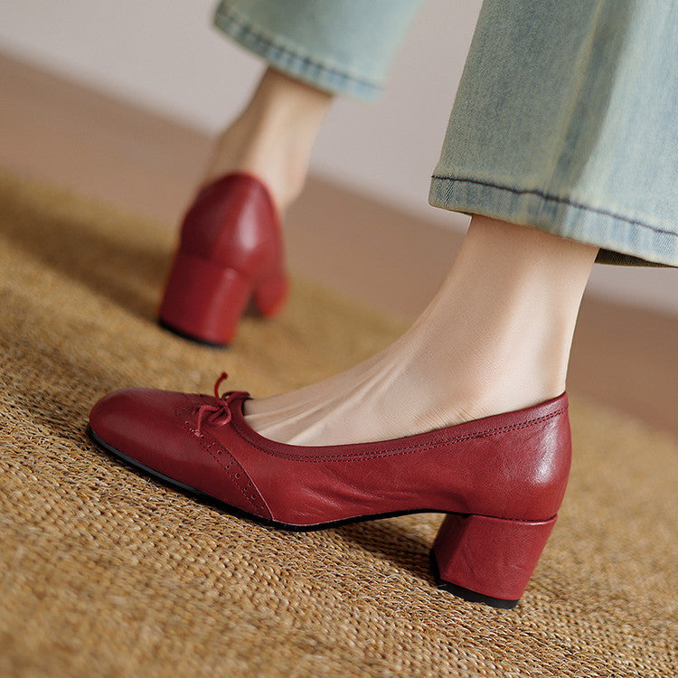 Women's Round Toe Shallow Mouth Gentle Bow Mid Heel Leather Shoes