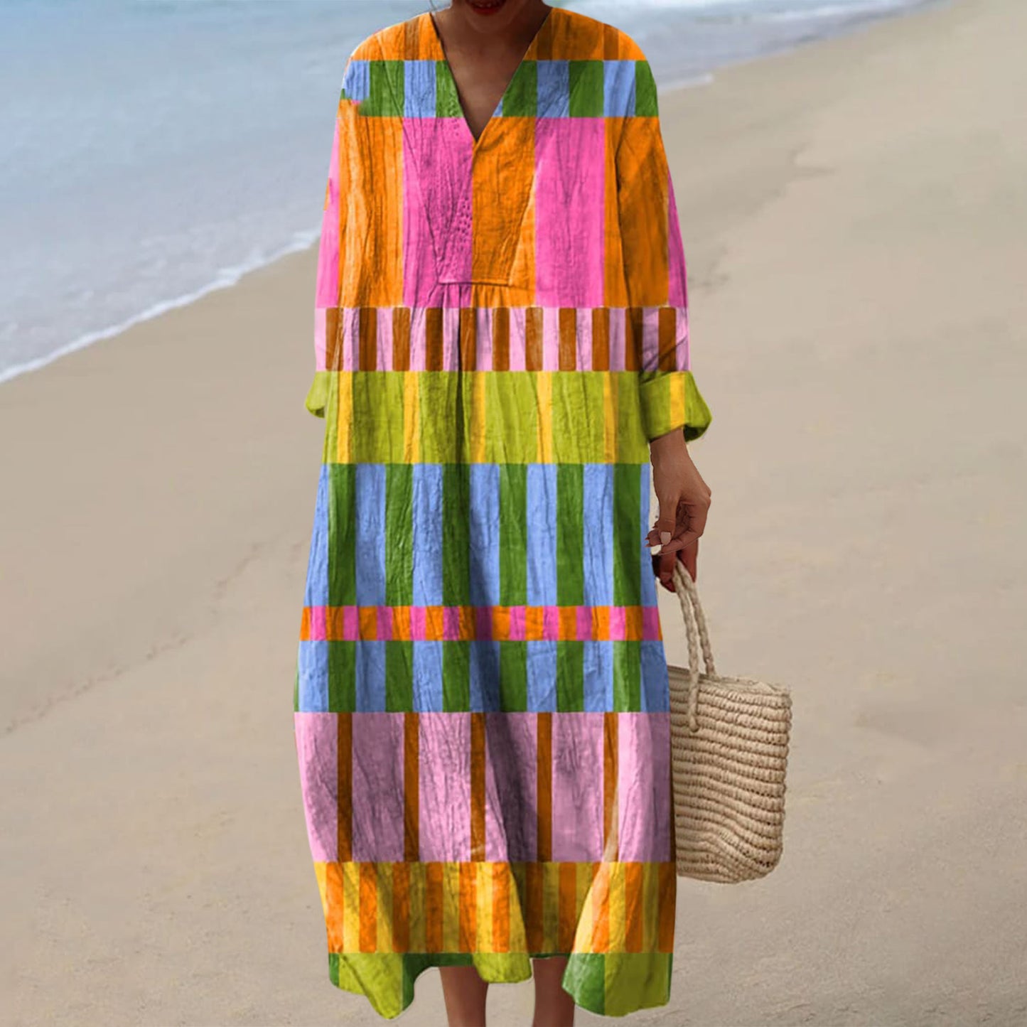 Women's Casual 3D Printed Floral Print Sleeved Long Dress