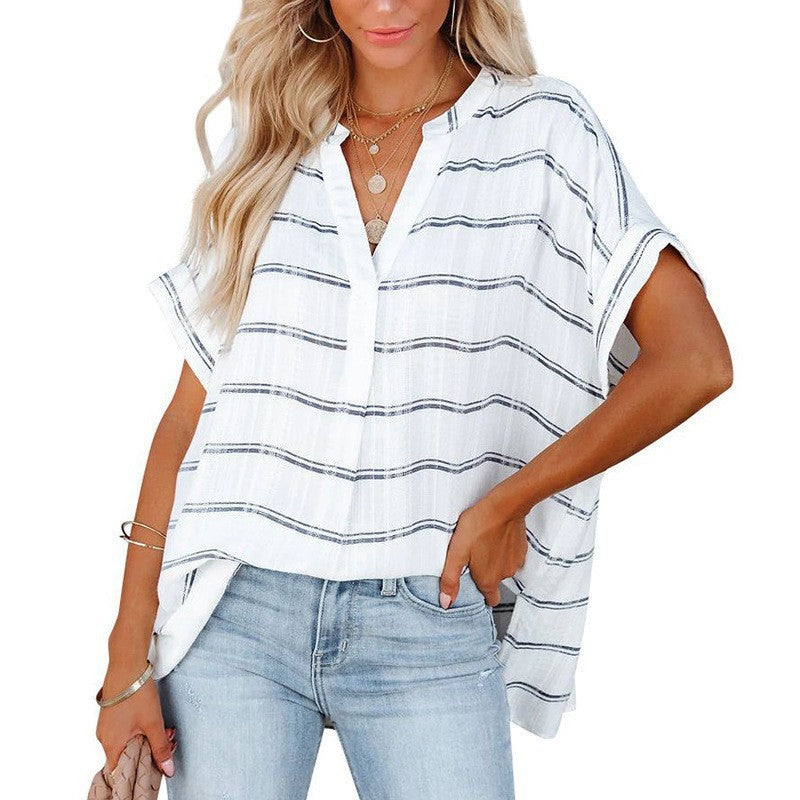 Women's Short Sleeve Thin V-neck Pullover Loose Shirt