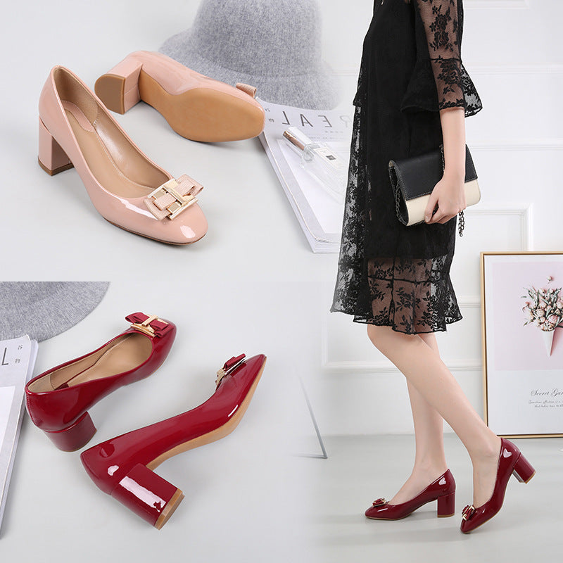 Mid Heel Round Head Chunky Heel High Heel Patent Leather Women's Shoes