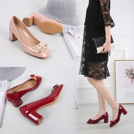 Mid Heel Round Head Chunky Heel High Heel Patent Leather Women's Shoes