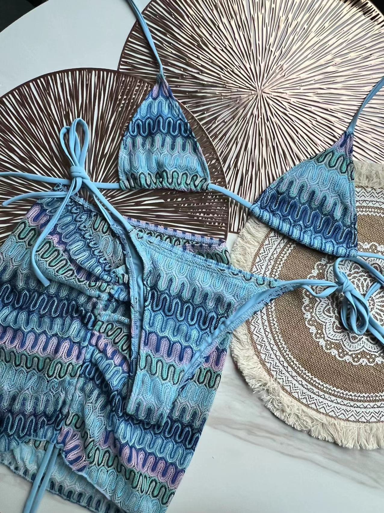 Knitting Bikini Skirt Three-piece Set Bikini Striped Swimsuit Bikini Women Swimw