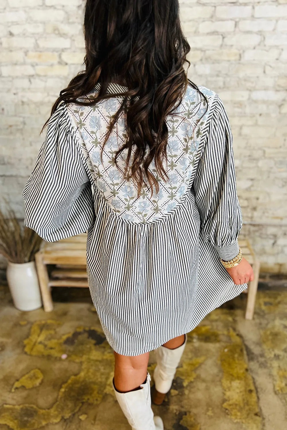 Black Stripe Floral Patchwork Tied V Neck Long Sleeve Mini Dress