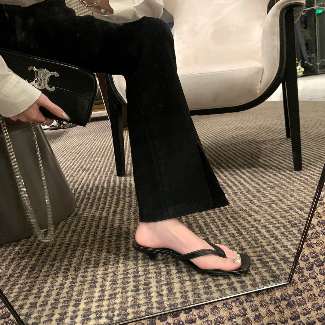 Women's Square Toe Leather Flip-flops