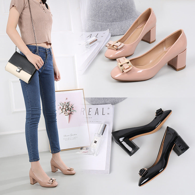 Mid Heel Round Head Chunky Heel High Heel Patent Leather Women's Shoes