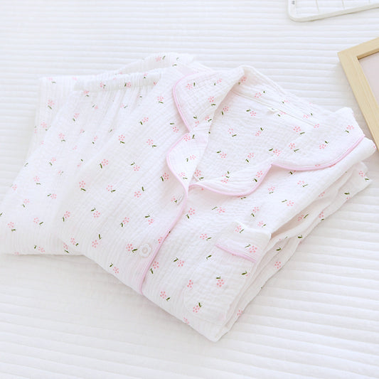 Women's Cotton Double-layer Gauze Pajamas Spring And Summer Cute Crepe Cardigan
