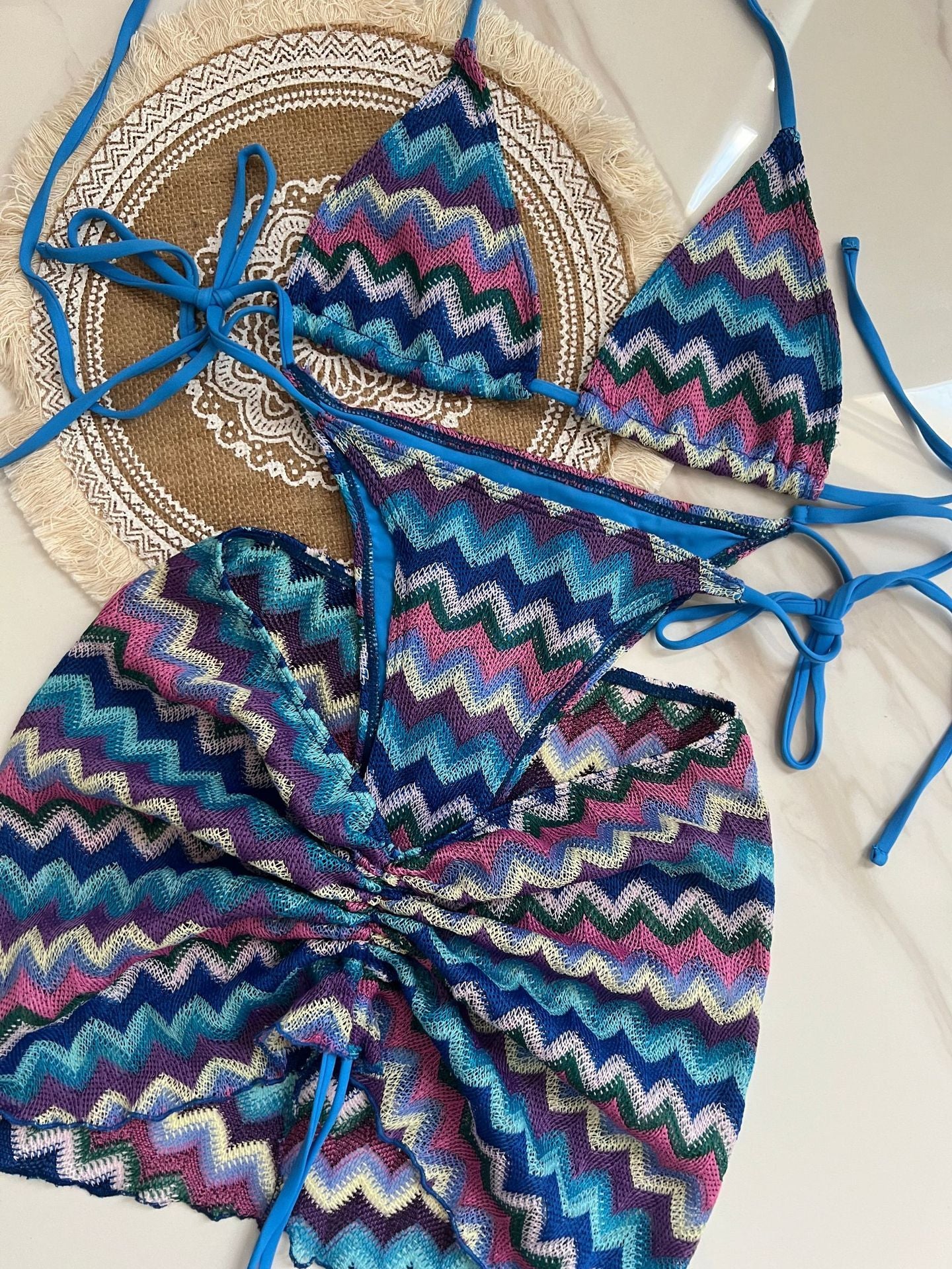 Knitting Bikini Skirt Three-piece Set Bikini Striped Swimsuit Bikini Women Swimw