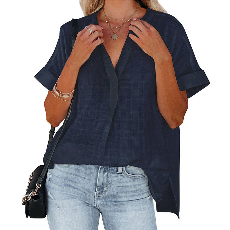 Women's Short Sleeve Thin V-neck Pullover Loose Shirt