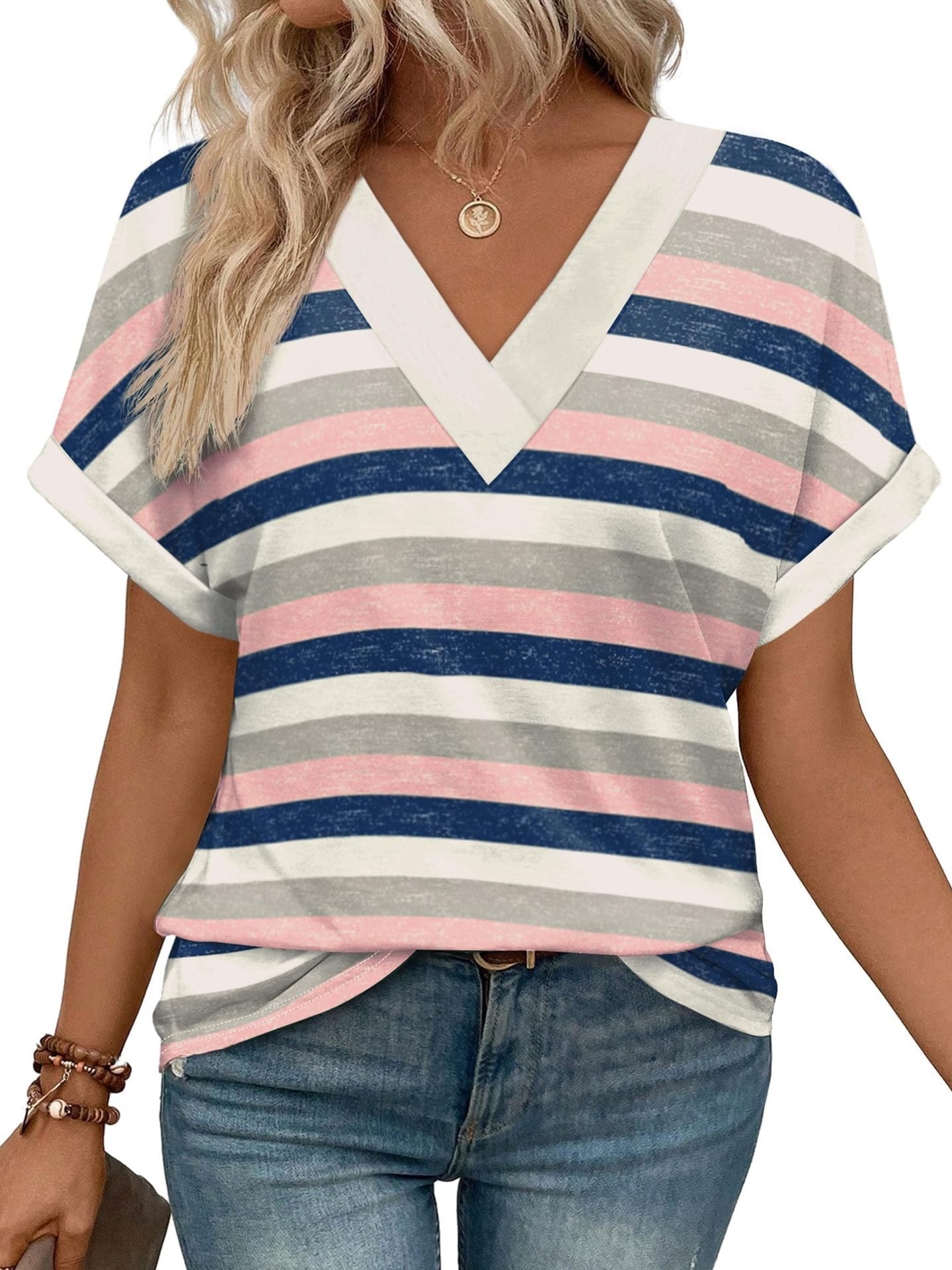 Women's Casual Round Neck Striped T-shirt Top