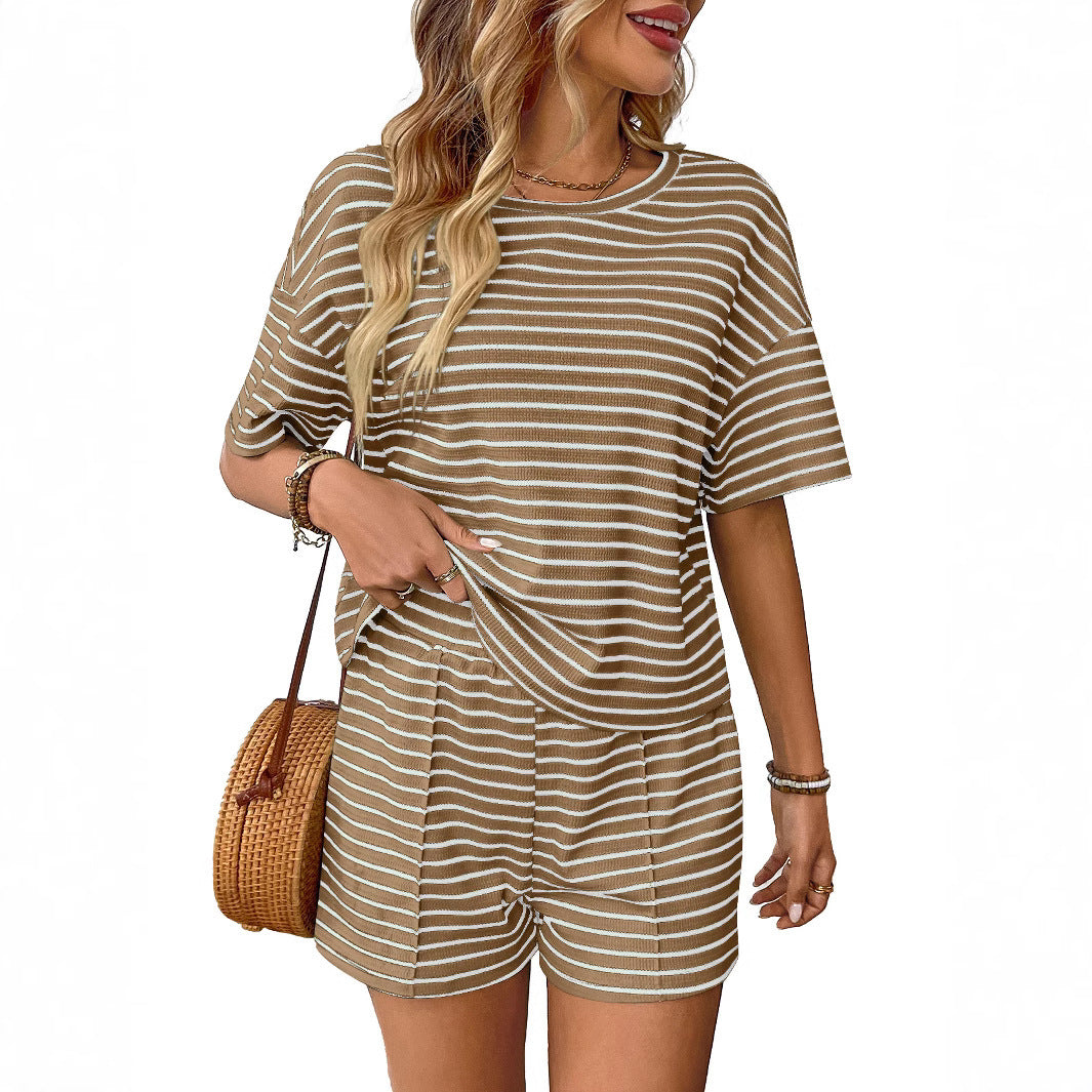 Women's Knitted Striped Fashion Casual Shorts Sports Suit