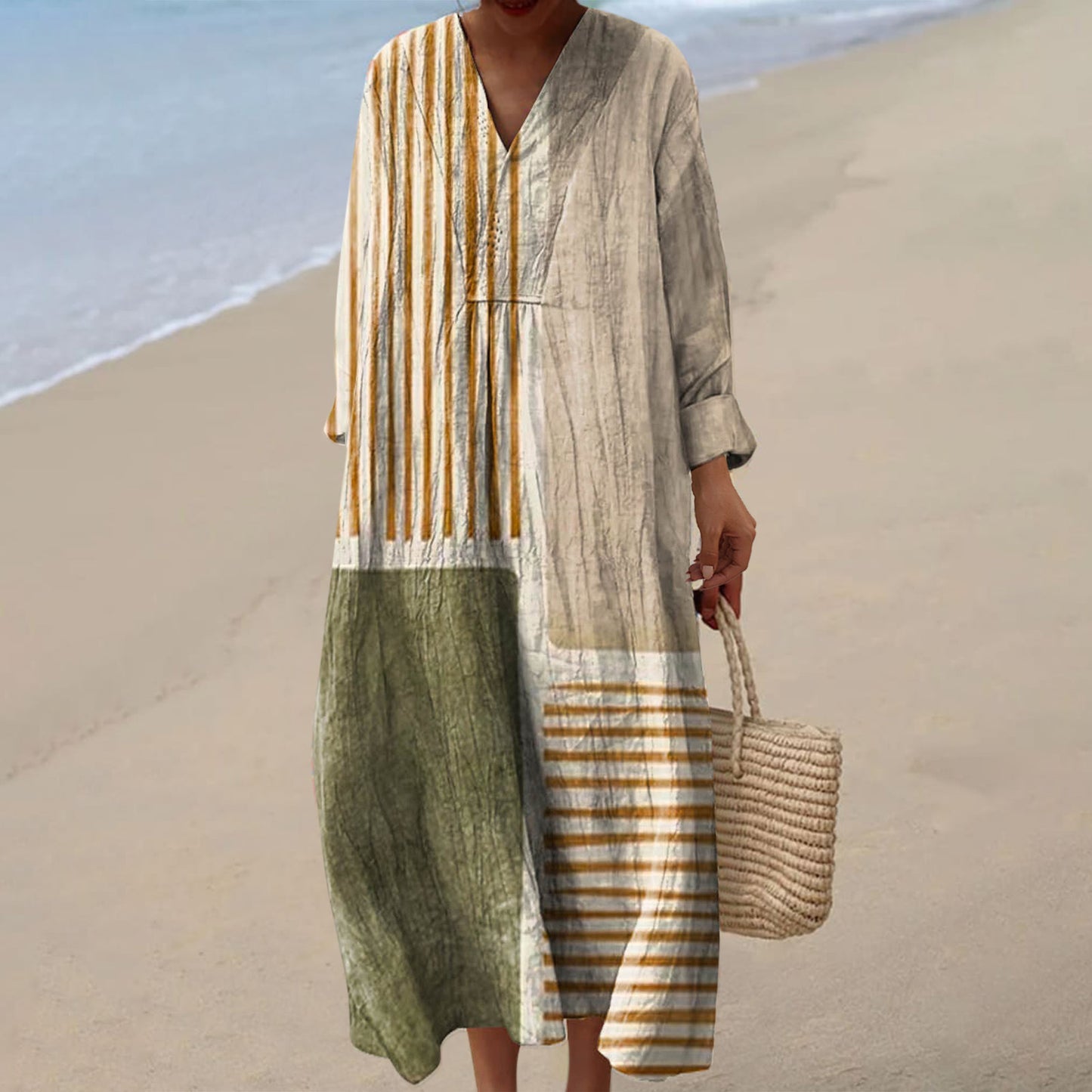 Women's Casual 3D Printed Floral Print Sleeved Long Dress